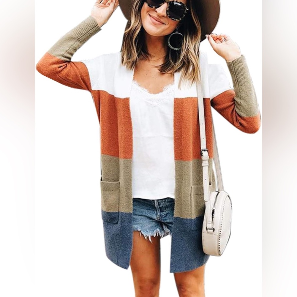 ECOWISH Womens Cardigan Color Block Striped Draped Kimono Cardigans Long Sleeve